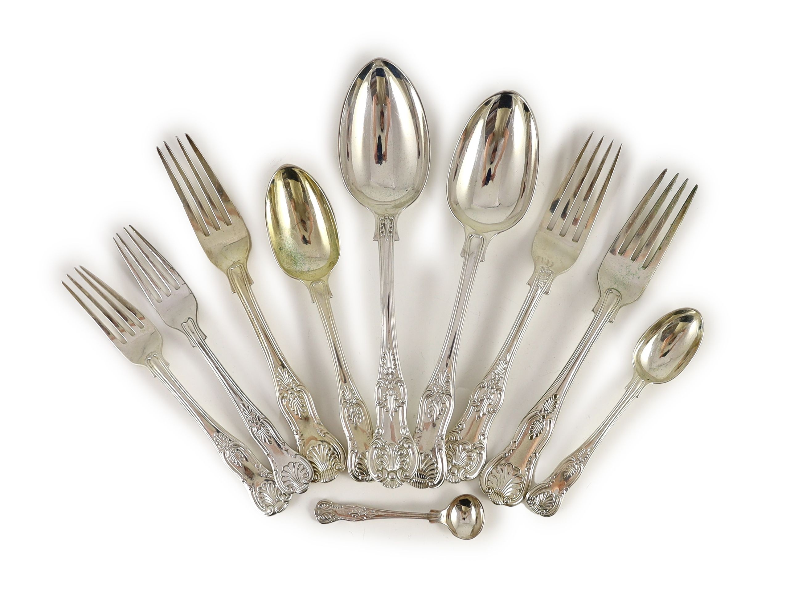 A Victorian and later harlequin part canteen of Kings and Queens pattern silver and plated flatware